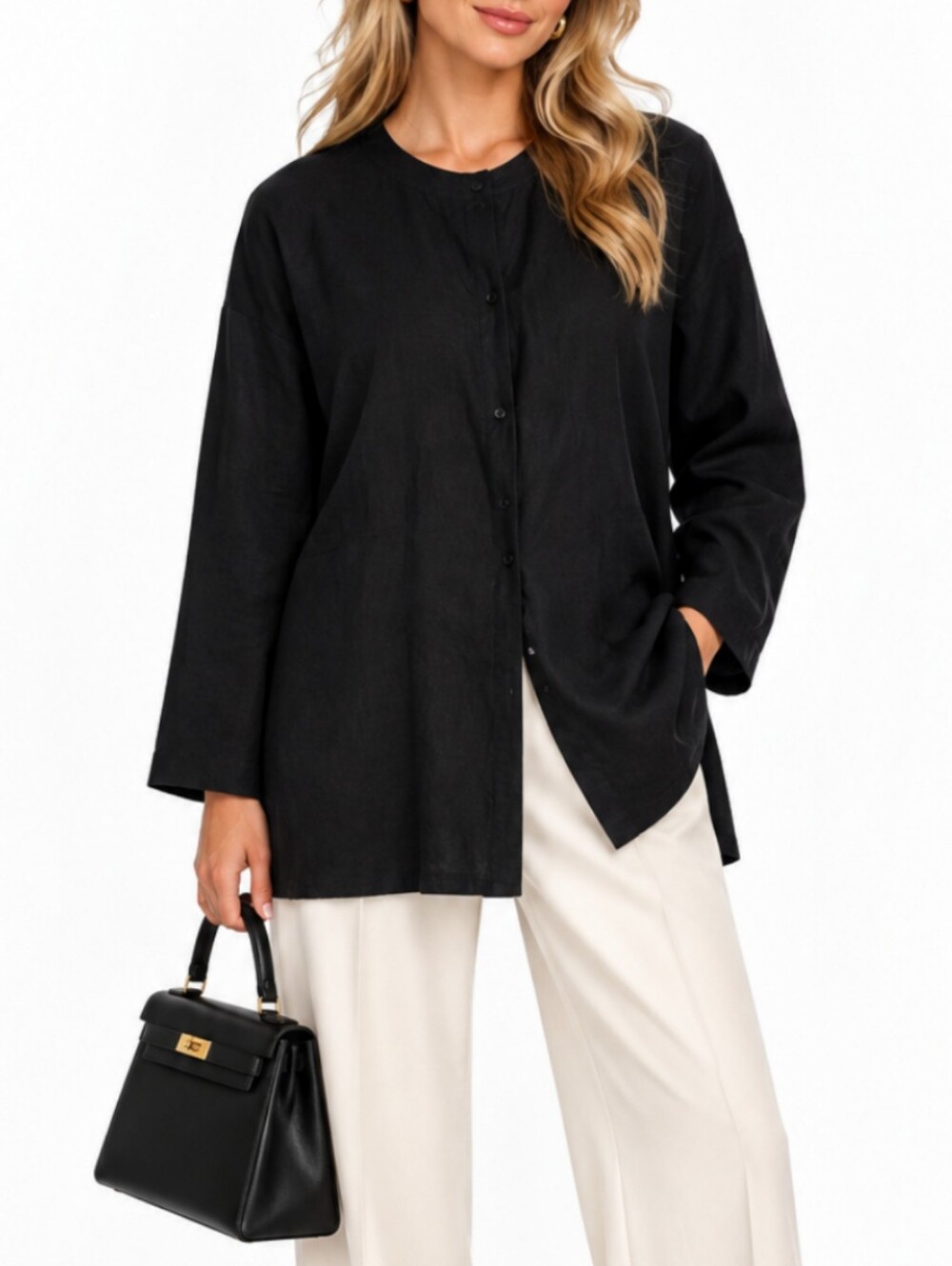Eileen Fisher Black Linen Cotton Tunic Top L Italian Fabric Minimalist Lagenlook